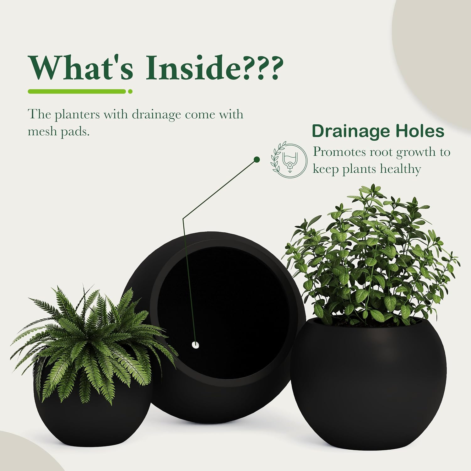 DTY Premium Mt Sherman Fiberstone Sphere Planter for Indoor Outdoor Use, Round Pot for Olive Tree, Lightweight, Smooth Finishes. 2 Extra Coco Mats. Black, Large 21.1'' D x 16.7'' H. 14.6' Pot Opening