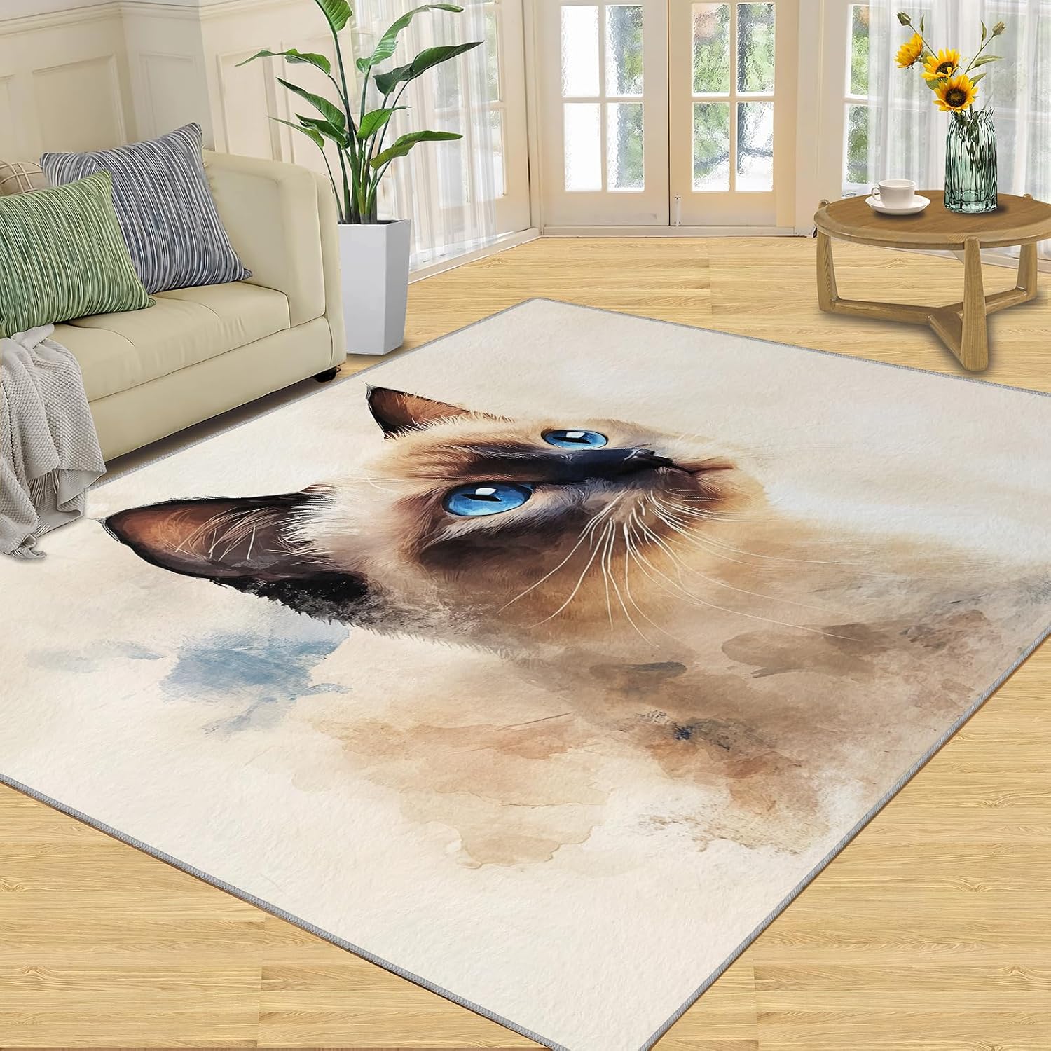 6x8 Kitten Area Rug - Siamese Cat Large Rugs for Living Room, Watercolor Animals Carpet Area Rug for Girls Bedroom Kids Room Basement Office Classroom