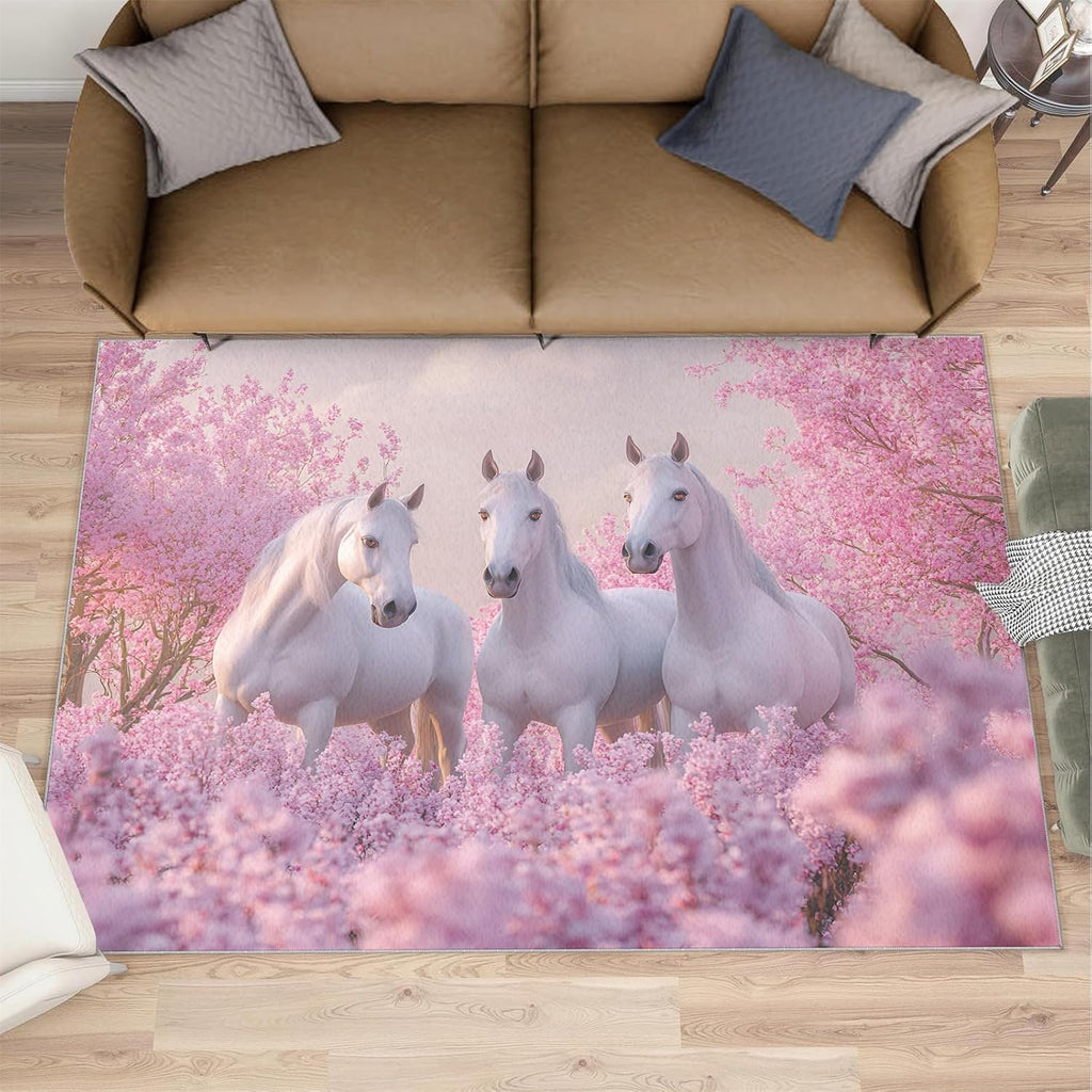 Horses Rugs for Living Room 6x8 Rug, Pink Flowers Area Rug, Animals Rugs, Large Machine Washable Rug, Non-Slip Floor Carpet for Bedroom Kids Room Home Decor