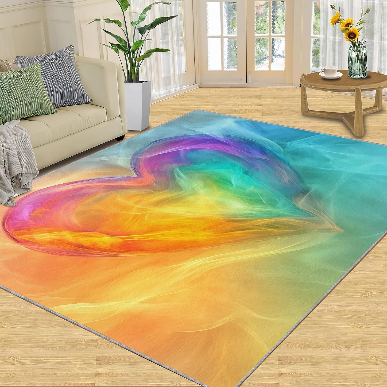 6x8 Gradient Heart Area Rug - Fluorescent Art Large Rugs for Living Room, Abstract Rainbow Carpet Area Rug for Girls Bedroom Kids Room Basement Office Classroom