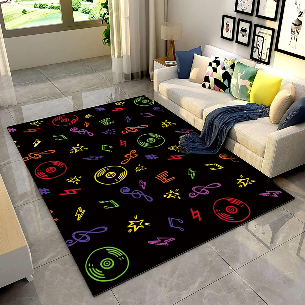 Music Themed Living Room Carpet, 6x8ft, Colorful CD Record Note Playing Mat, Electronic Music Soft Cozy Non-Slip Carpets, Low Pile Dirty Resistant Washable Rugs for Entryway Family