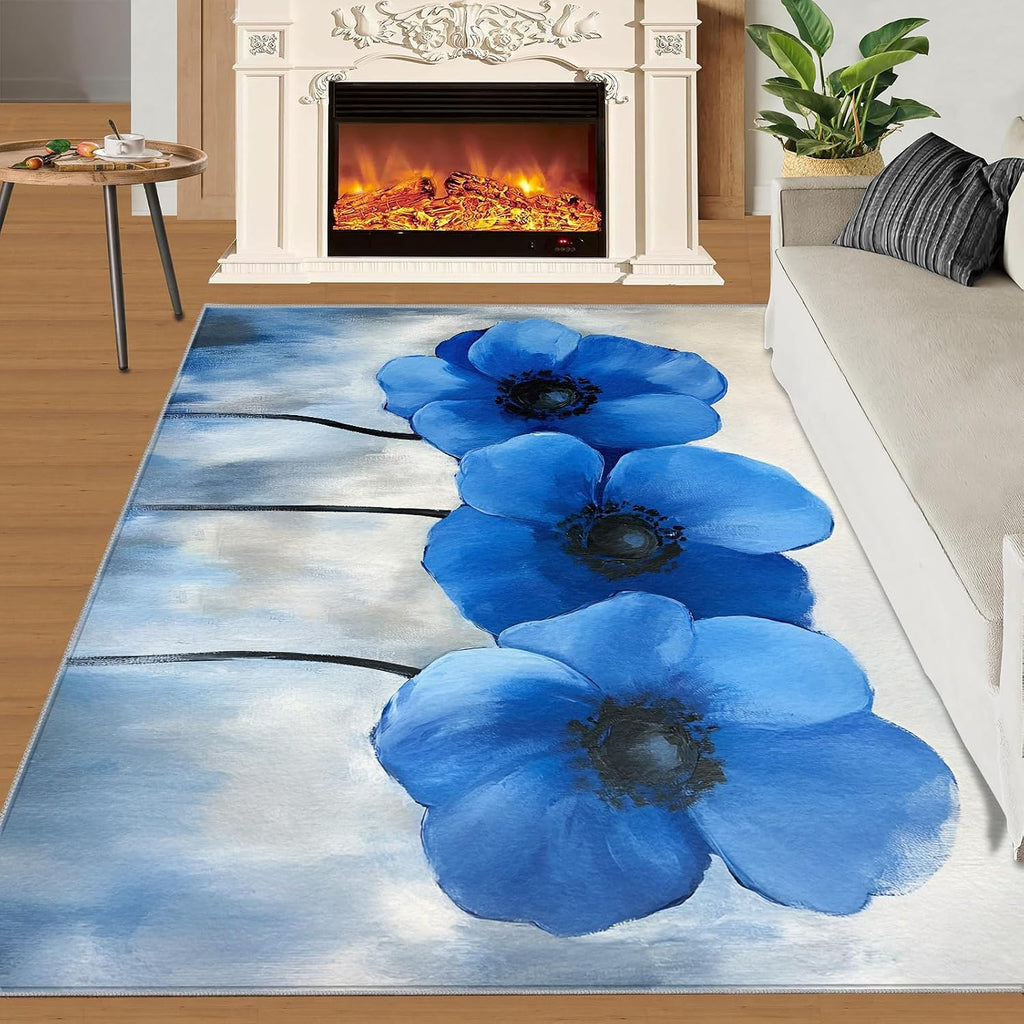 Watercolor Floral Rug 6x8-6x8 Rug, Blue Flower Area Rugs for Living Room, Modern Rugs for Bedroom, Aesthetic Non-Slip Mat, Floral Home Decor & Gifts