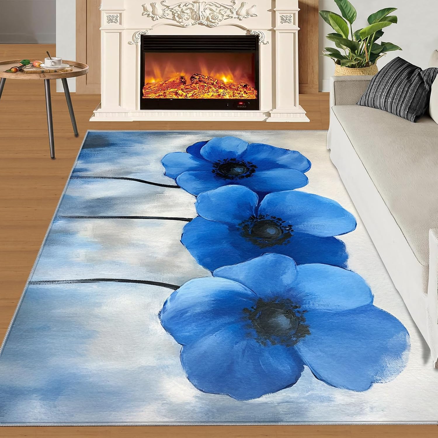 Watercolor Floral Rug 6x8-6x8 Rug, Blue Flower Area Rugs for Living Room, Modern Rugs for Bedroom, Aesthetic Non-Slip Mat, Floral Home Decor & Gifts