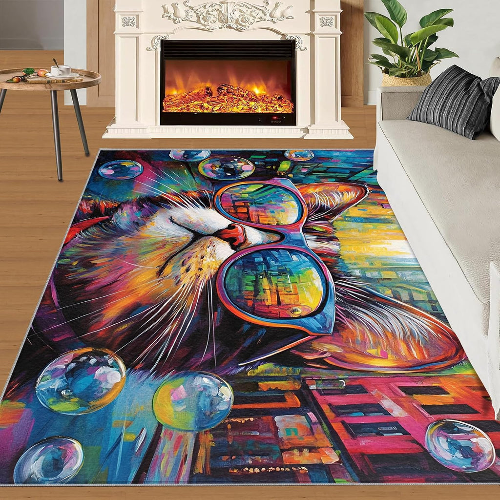 Cat Rug, Graffiti Rugs for Bedroom 5x7 Rug, Pet Cat Area Rug, Rugs for Living Room, Non Slip Washable Carpet for Kids Room Home Decor