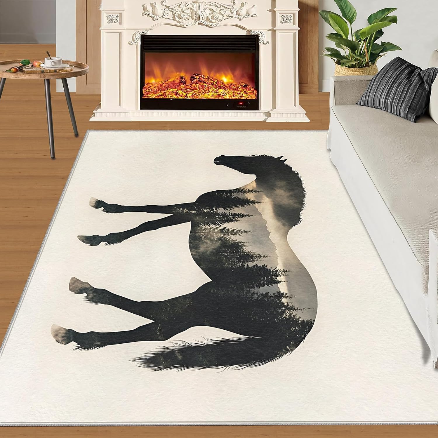 Horse Rugs for Bedroom, Black Horse Forest Rug 6x8, Animal Silhouette Dining Room Rugs Washable & Non Slip Large Carpet for Home Decor