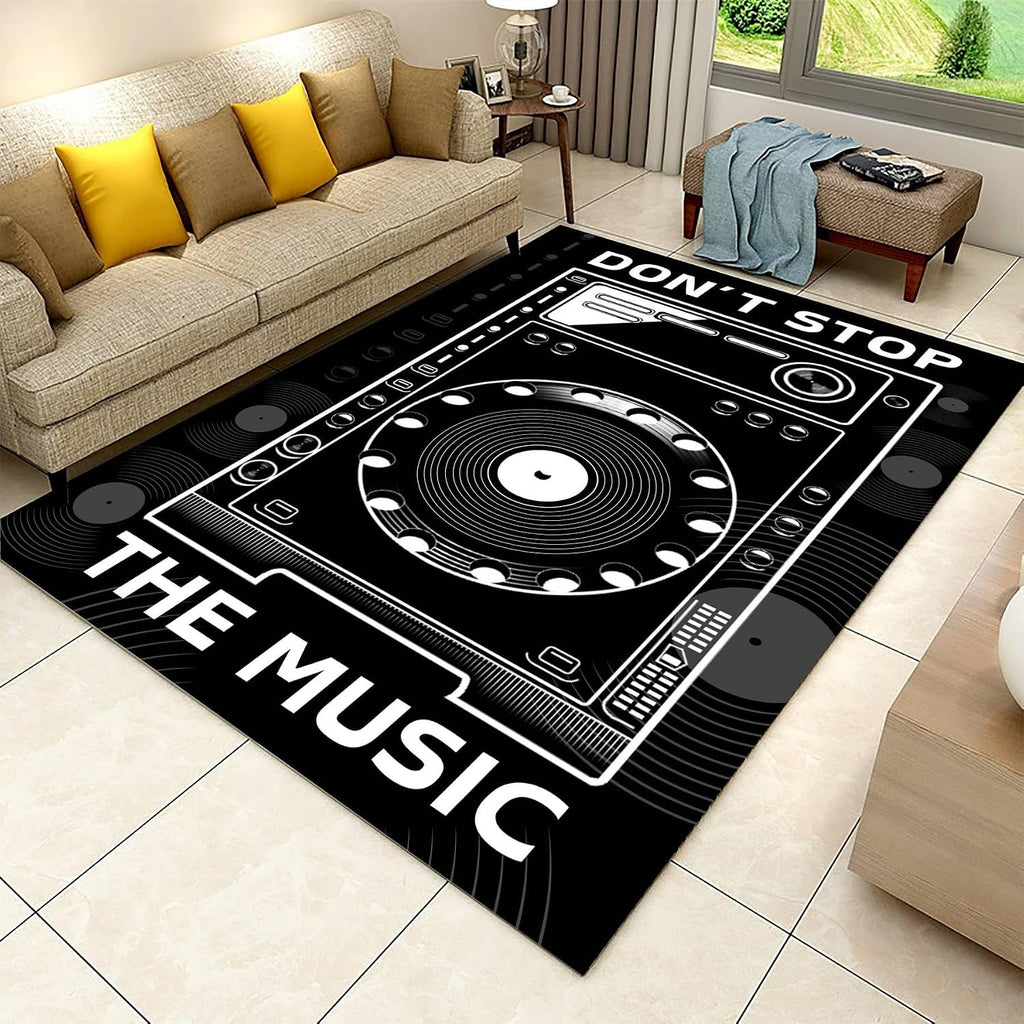 Music Record Black Area Rug 6x8ft Music Rug Retro Vinyl Record Rug Non-Slip and Washable Living Room Art Decor Rug with Rubber Backed Durable Rug for Bedroom Study Playing Carpet