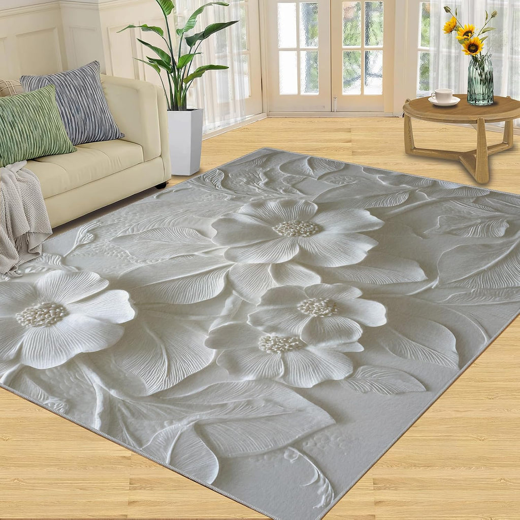 3D Relief Floral Rugs for Bedroom, Modern Relief Rug 6x8, Stereo White Flowers Dining Room Rugs Washable & Non Slip Large Carpet for Home Decor