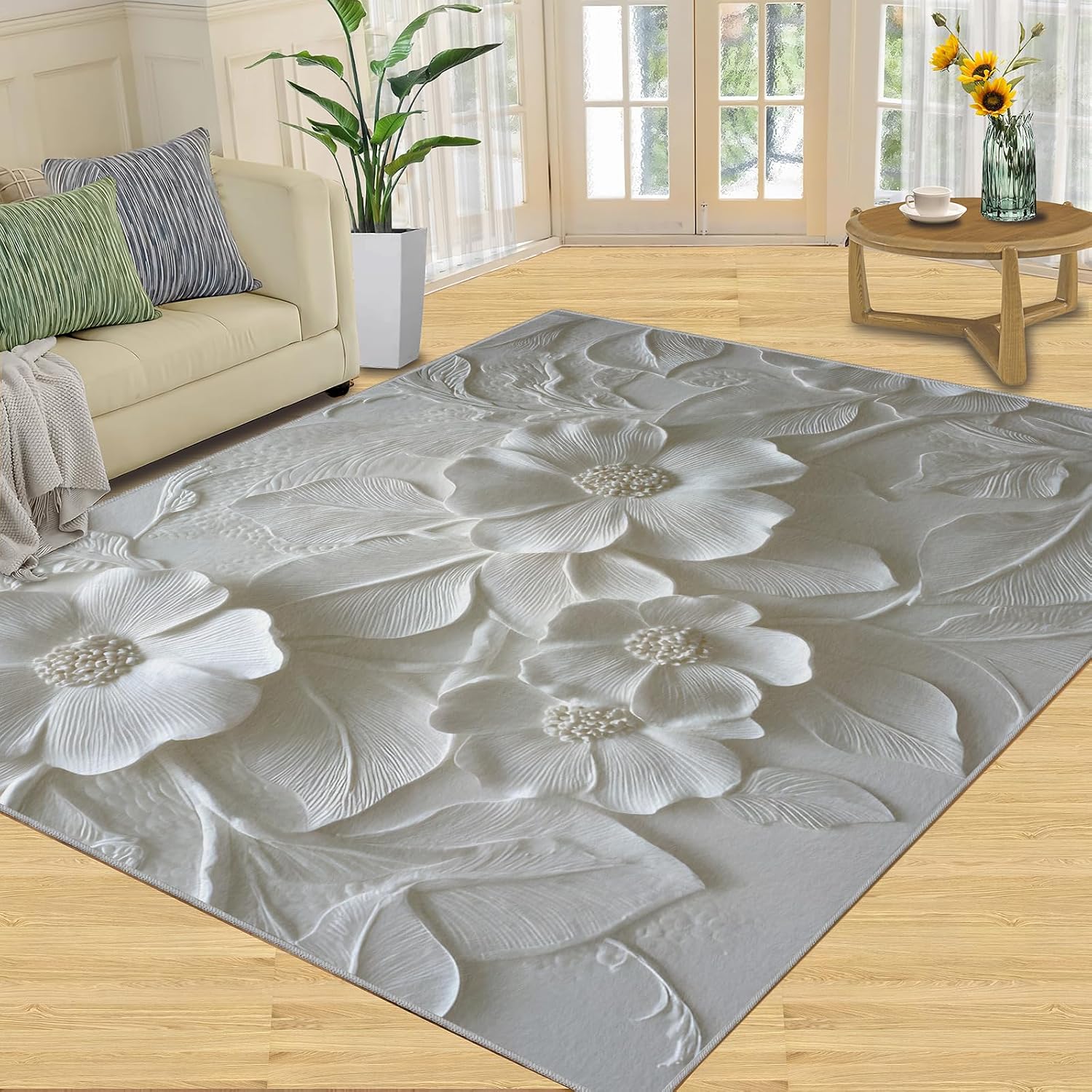 3D Relief Floral Rugs for Bedroom, Modern Relief Rug 6x8, Stereo White Flowers Dining Room Rugs Washable & Non Slip Large Carpet for Home Decor