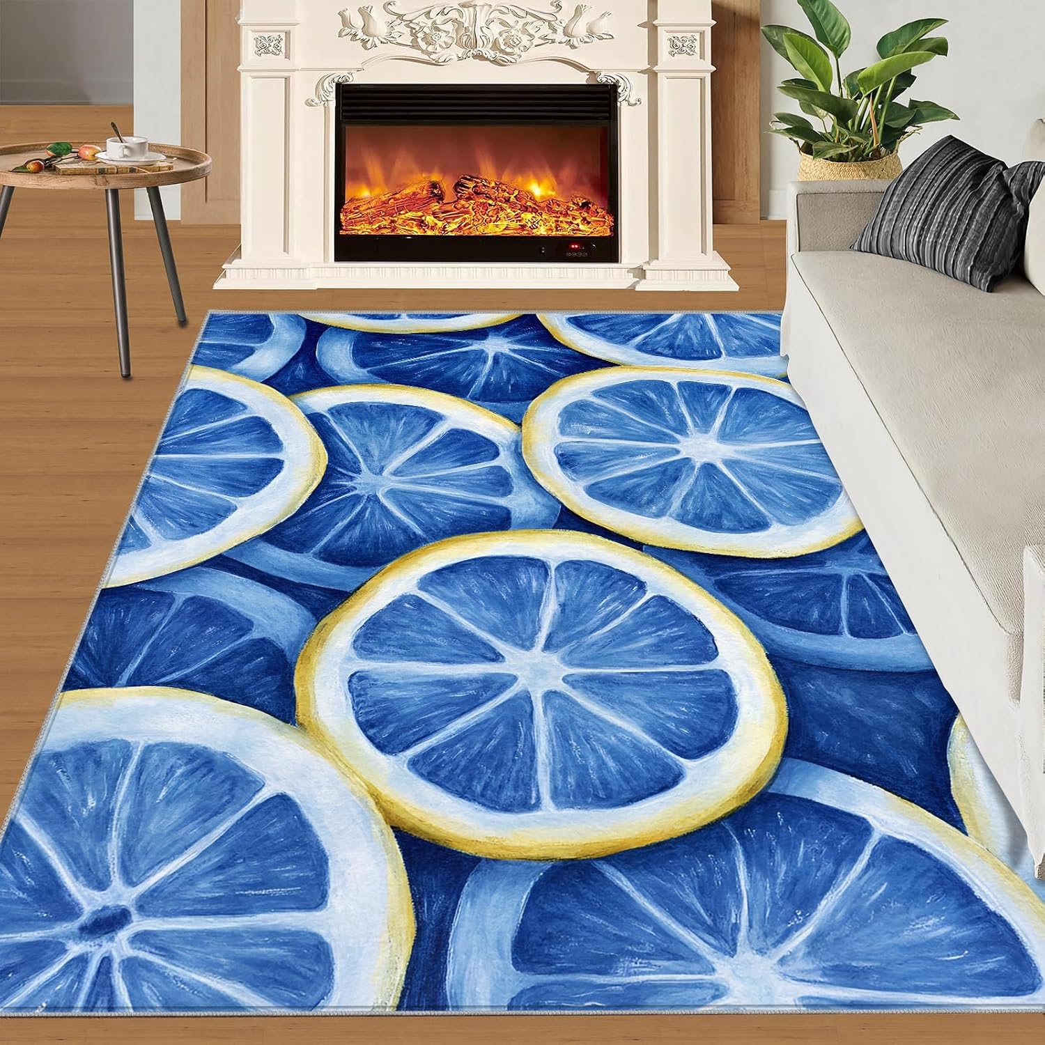 Lemon Area Rug - 6x9 Rug, Blue Lemon Rugs for Living Room, Summer Washable Rugs for Bedroom, Non Slip & Low Pile, Indoor Carpet & Home Decor