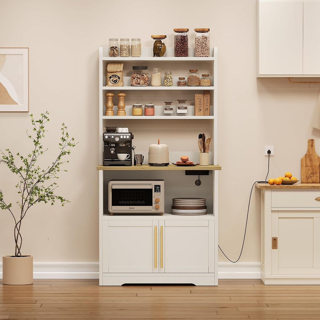 TrailBlaze Farmhouse Bakers Rack – Storage Cabinet & Thick Tabletop – Coffee Bar & Microwave Stand – Power Outlets & USB – Color: White Wood, US Standard Power