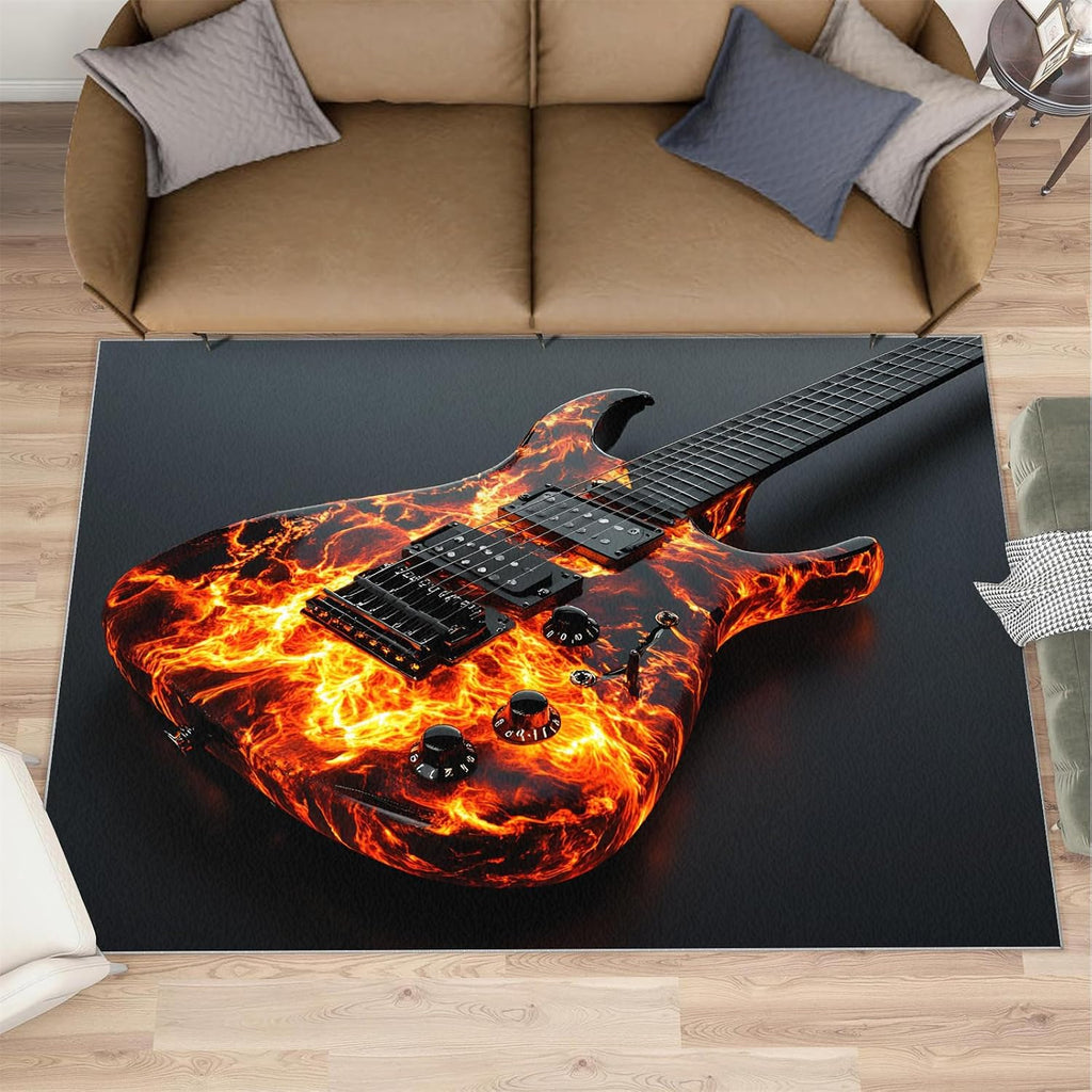 Guitar Rug - 6x8 Rugs for Bedroom, Music Area Rug, Flame Guitar Washable Rugs for Living Room, Non Slip Soft Rock and Roll Indoor Carpet - Home Decor, Music Lover Gifts for Boys