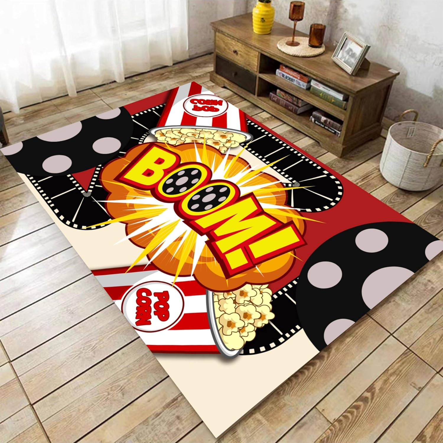 Cartoon Movie Area Rug,6x8ft,3D Cinema Object Patterned Carpet,Popcorn Theme Rugs,Kitchen Interior Non-Slip Washable Carpet Suitable for Restaurant Nursery Home Theater