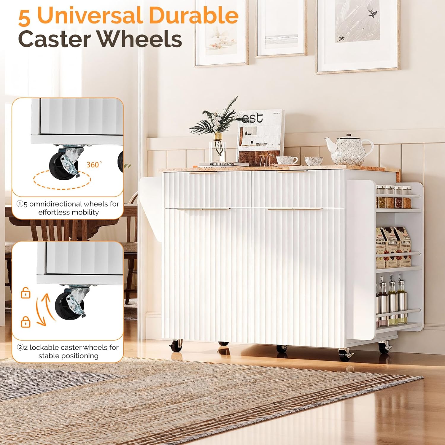 VINGLI Fluted Large Kitchen Island Cart with 2 Draws & 4 Doors, White | Drop-leaf Toptable, Adjuestable Shelves, Towel Bar, 3-tier Side Storage Rack, 360° Rolling Design