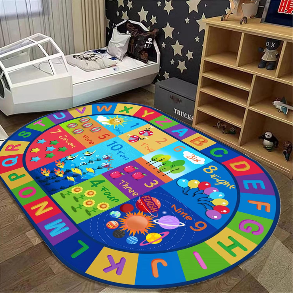 Children's Learning Area Rug,6x8ft,ABC Letters Early Learning Classroom Rug, Oval Puzzle Fun Preschool Rugs, Suitable for Playroom Daycare Room Elementary School Classroom Children's Game Decoration