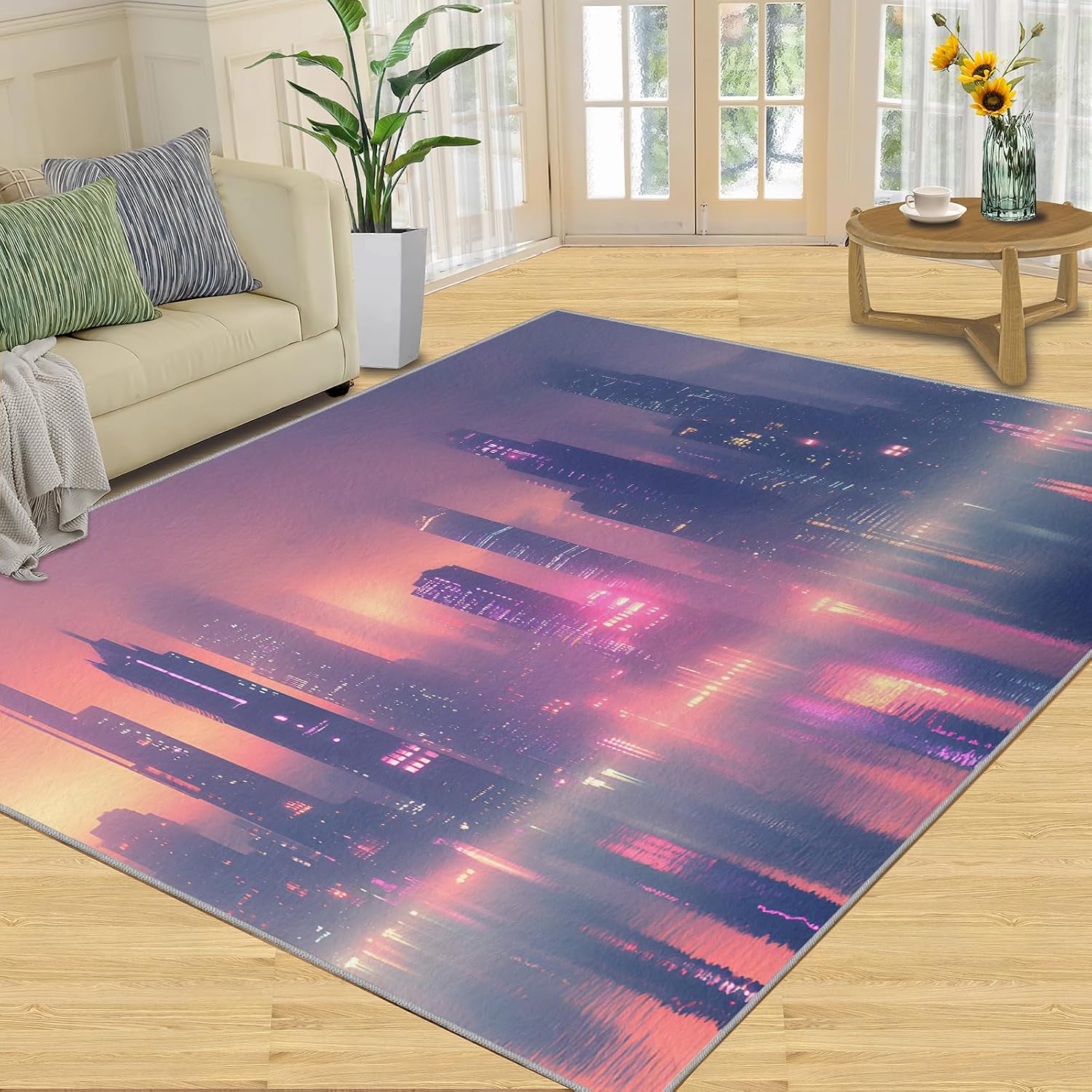 New York Skyscrapers Rug 6x8-6x8 Rug, City Night Scene Area Rugs for Bedroom, Cityscape Rugs for Living Room, Modern Washable Mat, Kids Carpet, City Scene Home Decor & Gifts
