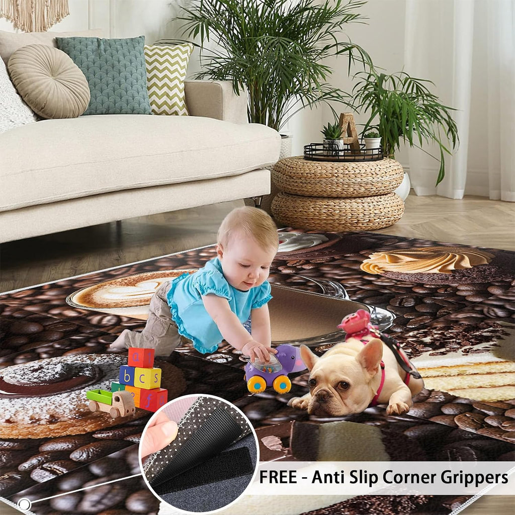 Coffee Rug 6x8, Cake Area Rug, Coffee Shop Rugs for Living Room, Washable Rugs for Bedroom, Non Slip Low Pile Floor Mats