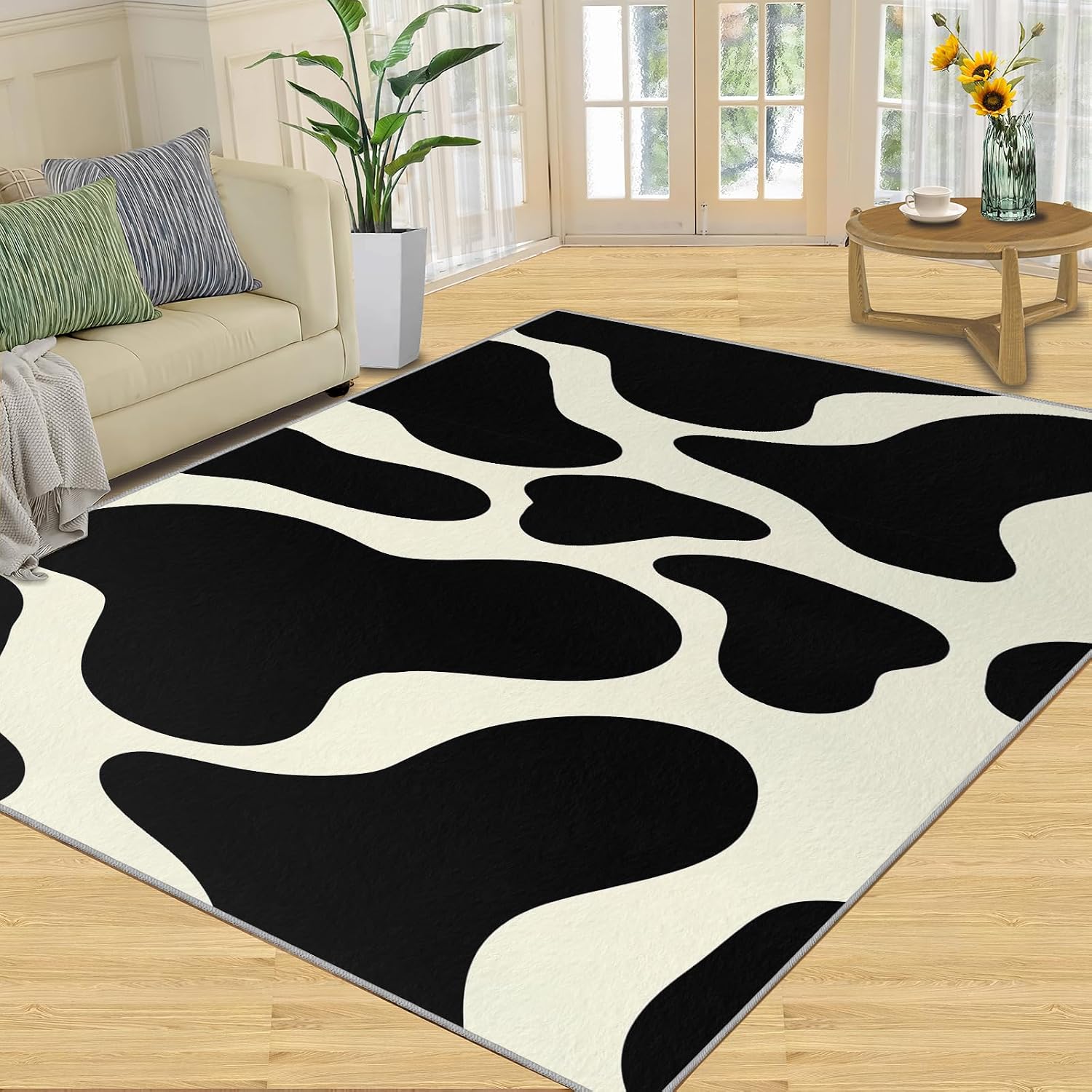 Abstract Black and White Area Rug, Modern Minimalist Design Rugs for Living Room, Indoor Non-Slip Kids Rugs, Machine Washable Breathable Durable Carpet for Front Entrance Floor Decor,6 x 8ft