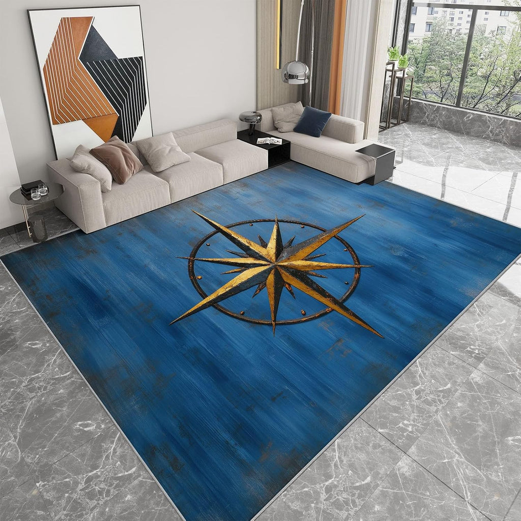 Nautical Theme Print Washable Area Rug 5 x 7 ft for Living Room, Distressed Compass Symbols Non-Slip Rug Kids Nursery Throw Carpet for Bedroom Entryway Dining Room Office Carpets Decor