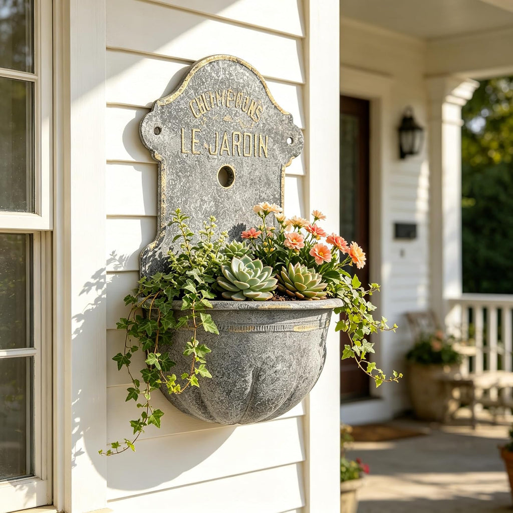 Large French Country Wall Planter, 27.95' H x 18.11' W Vintage Metal Le Jardin Wall Mounted Flower Pot, Rustic Farmhouse Vertical Garden Planter for Indoor Outdoor Patio, Living Room, Balcony Decor