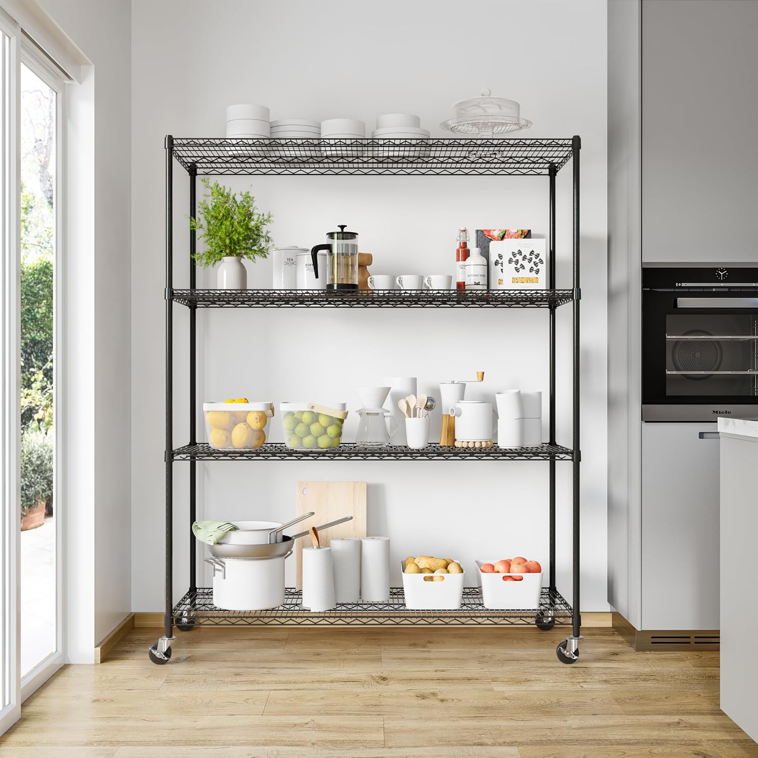 Seville Classics UltraDurable Heavy Duty NSF Solid Steel Wire Rack Storage Unit, Organizer for Garage, Warehouse, Office, Restaurant, Classroom, Kitchen, Black, 4-Tier Shelving, 60' W x 24' D