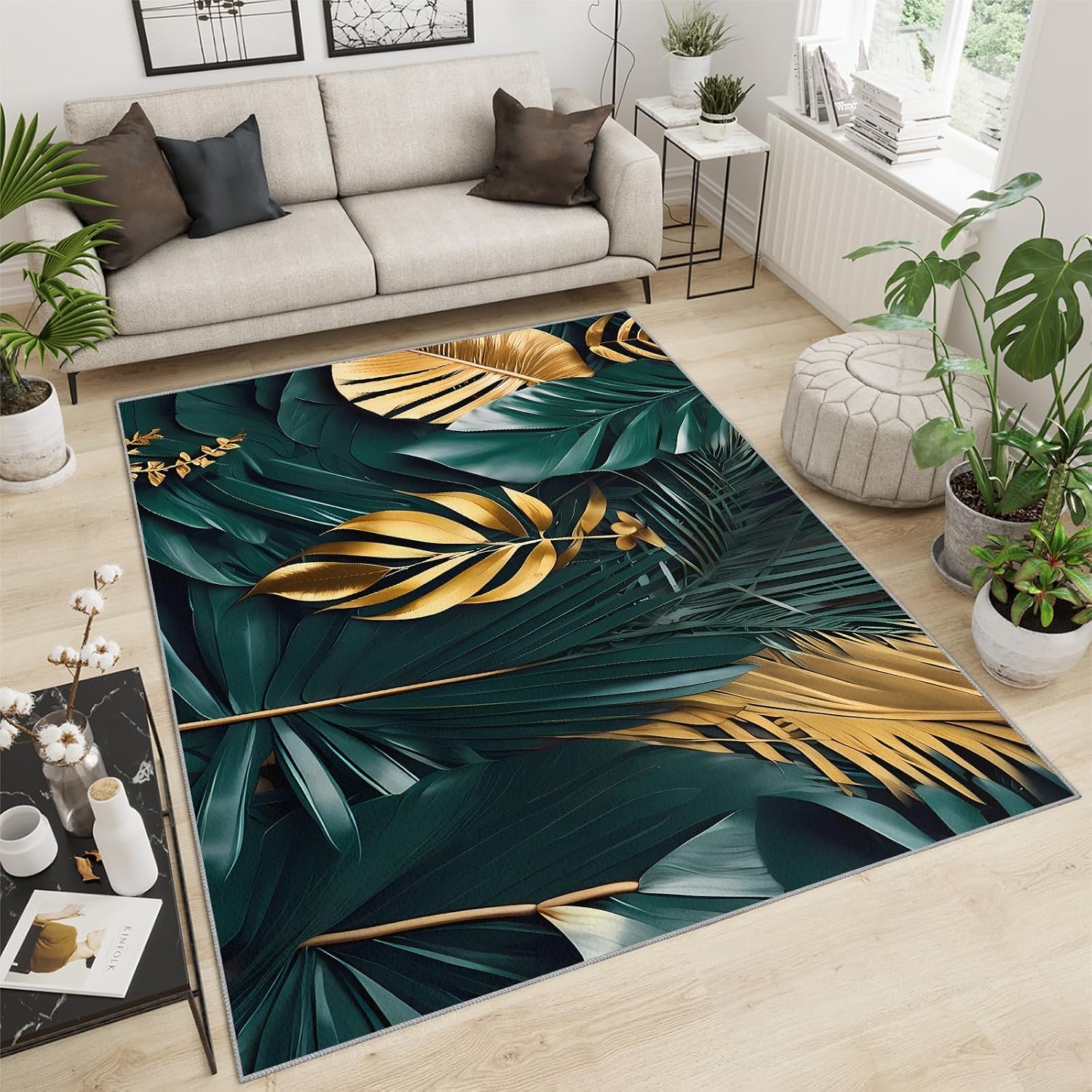 6x8 Rug Green Gold Leaves Art Non-Slip Kids Rug, Tropical Palm Leaves Upholstery Rug with Non-Slip Backing for Kids Boys Girls Bedroom Living Room Dining Room Study