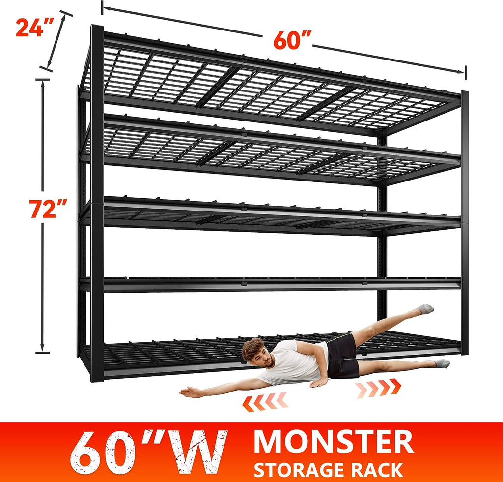 REIBII 60' W Heavy Duty Garage Shelving,3000LBS Storage Shelves Metal Shelving,Adjustable Shelves for ndustrial 5 Tier Garage Shelves for Shop Commercial Warehouse Basement Pantry60 W x 24' D x 72' H