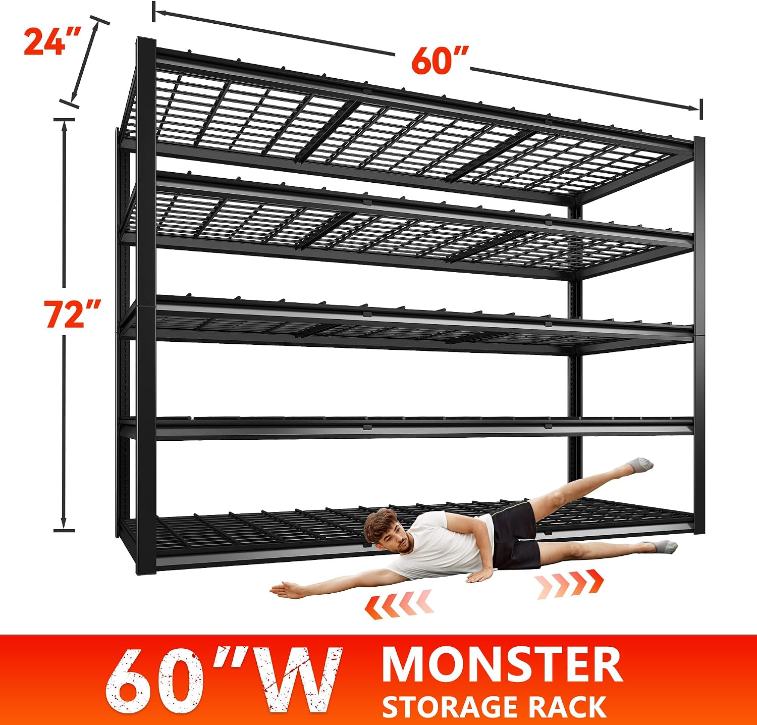 REIBII 60' W Heavy Duty Garage Shelving,3000LBS Storage Shelves Metal Shelving,Adjustable Shelves for ndustrial 5 Tier Garage Shelves for Shop Commercial Warehouse Basement Pantry60 W x 24' D x 72' H