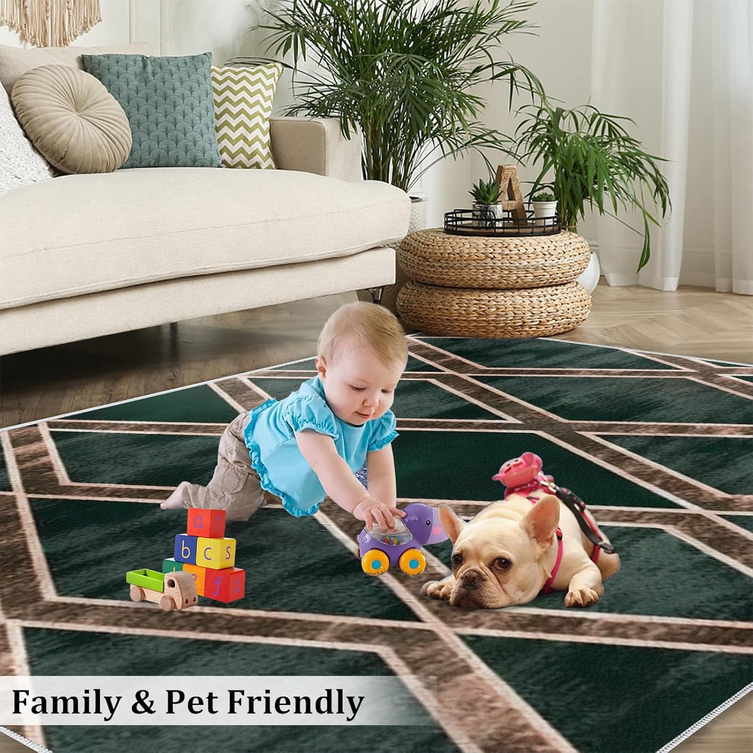Dark Green Graffiti Texture Area Rug, Golden Line Diamond Stitching Indoor Non-Slip Kids Rugs, Machine Washable Breathable Durable Carpet for Living Dining Dorm Room Bedroom Decor,6 x 8ft