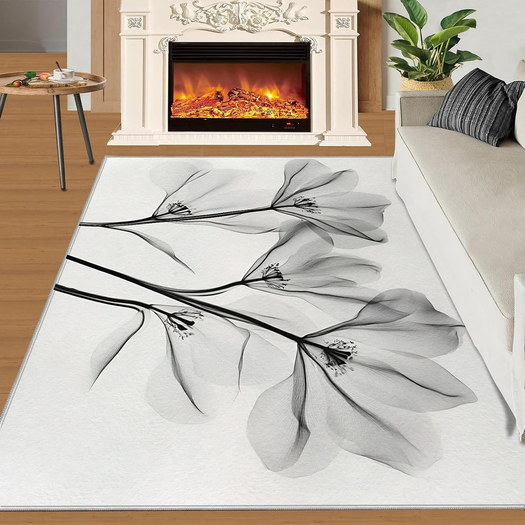 Black and White Laser Flowers Area Rug, Watercolor Flowers Bedroom Rug, Non Slip Bedside Rugs for Living Room Study Office Kitchen Dining Room Decor Floor Mat 6x8