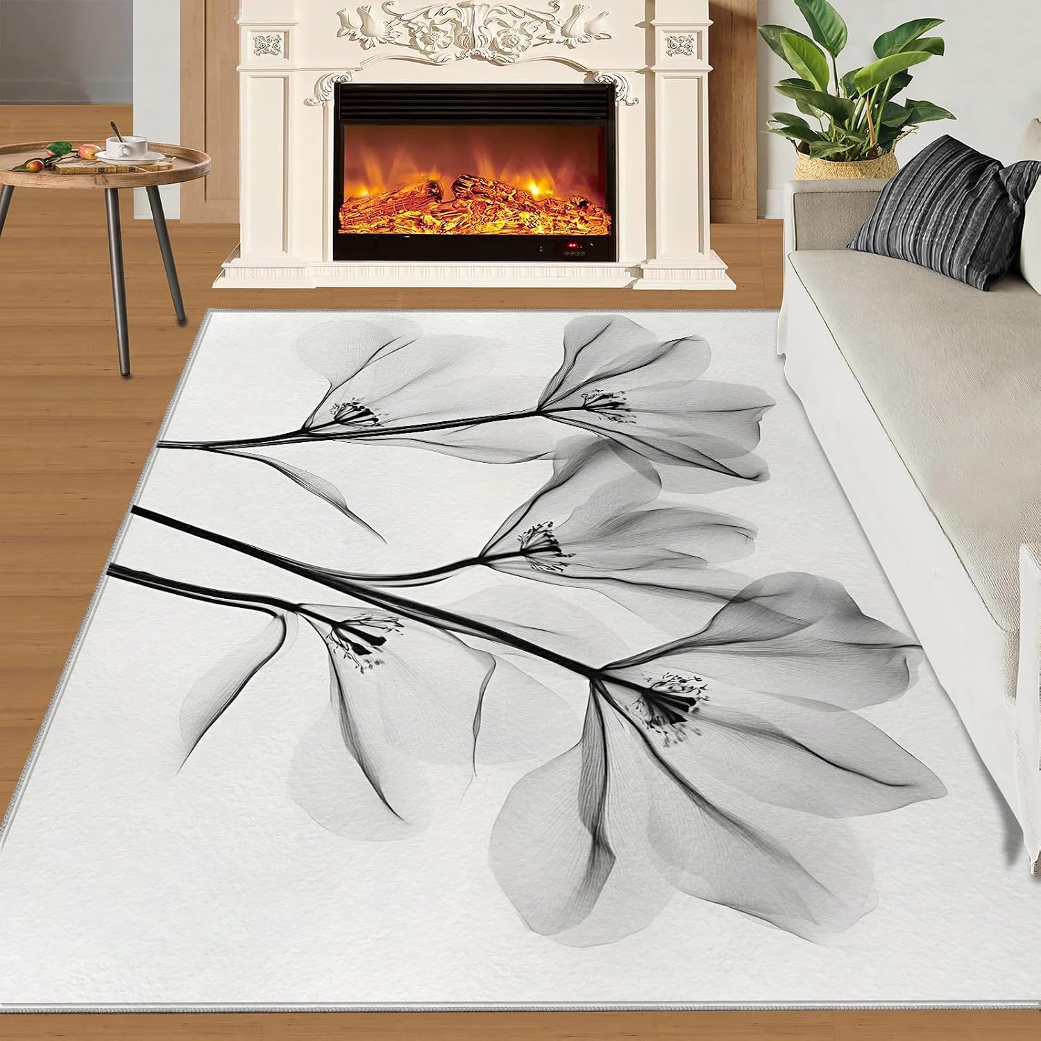 Black and White Laser Flowers Area Rug, Watercolor Flowers Bedroom Rug, Non Slip Bedside Rugs for Living Room Study Office Kitchen Dining Room Decor Floor Mat 6x8