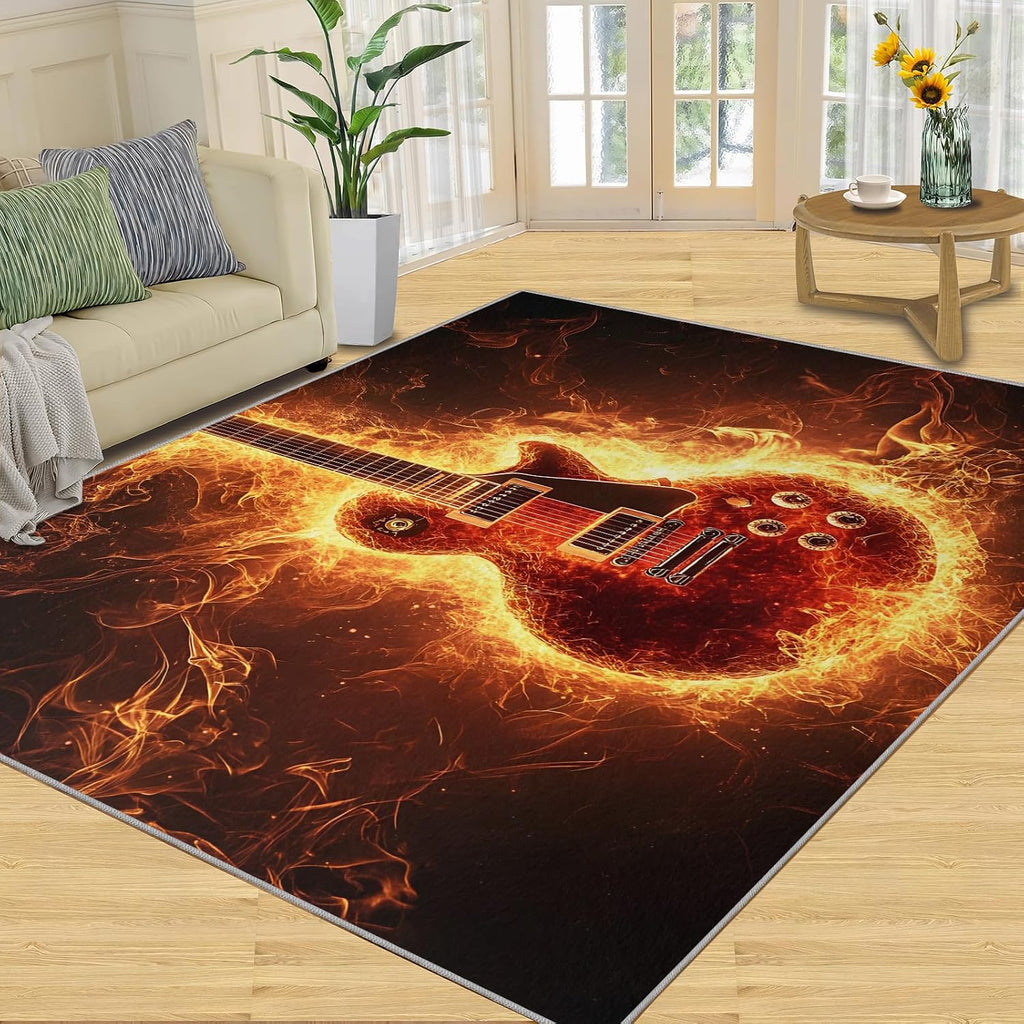 Guitar Rugs for Living Room, Flame Guitar Rug 7x10, Rock Music Area Rugs Washable & Non Slip Large Carpet for Home Decor