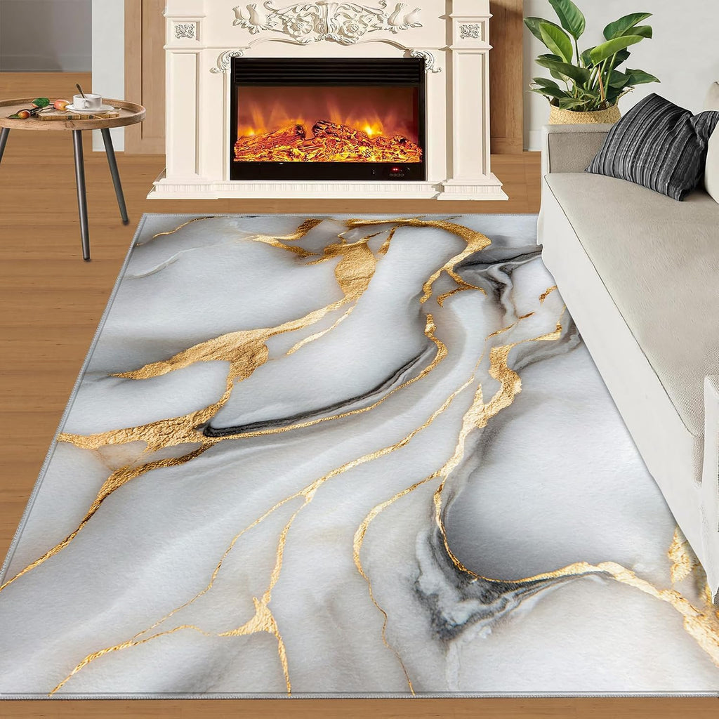 White Gold Marble Rug Large - 6x8 Rug, Light Luxury Washable Rugs for Living Room, Modern Abstract Carpet, Contemporary Non-Slip Area Rugs for Bedroom, Aesthetic Carpet, Marble Home Decor