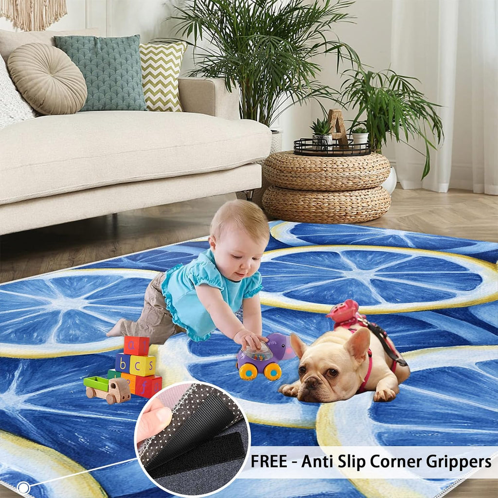 Lemon Area Rug - 6x9 Rug, Blue Lemon Rugs for Living Room, Summer Washable Rugs for Bedroom, Non Slip & Low Pile, Indoor Carpet & Home Decor