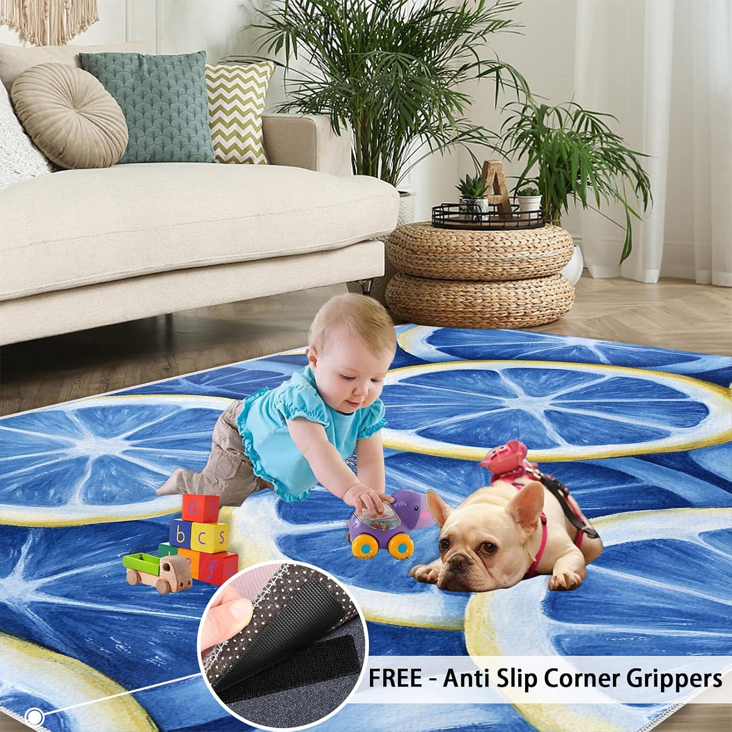 Lemon Area Rug - 6x9 Rug, Blue Lemon Rugs for Living Room, Summer Washable Rugs for Bedroom, Non Slip & Low Pile, Indoor Carpet & Home Decor