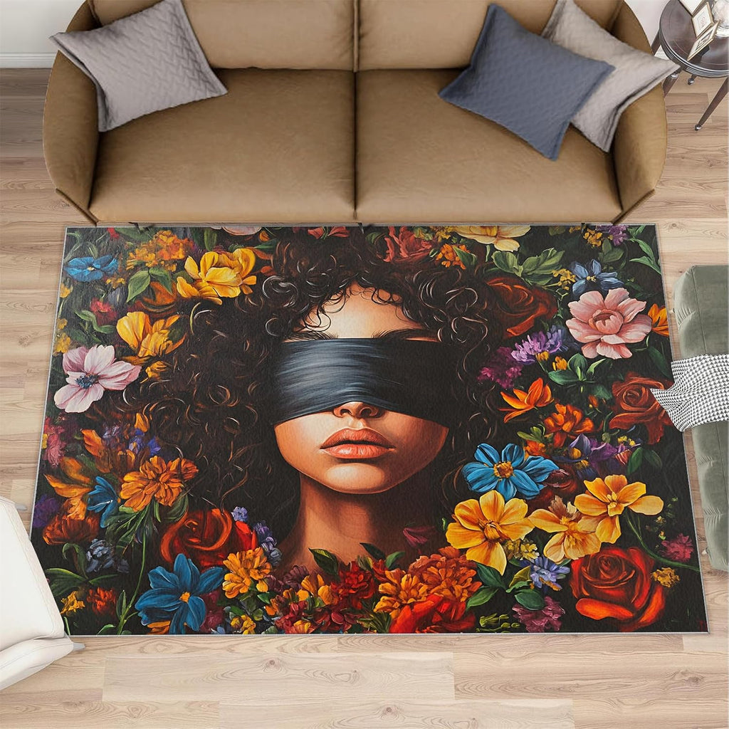 Black Girl Rug 6x8, Flowers Rugs for Bedroom, Fashion Girl Area Rug, Home Decor Rugs for Living Room, Non-Slip Machine Washable Carpet