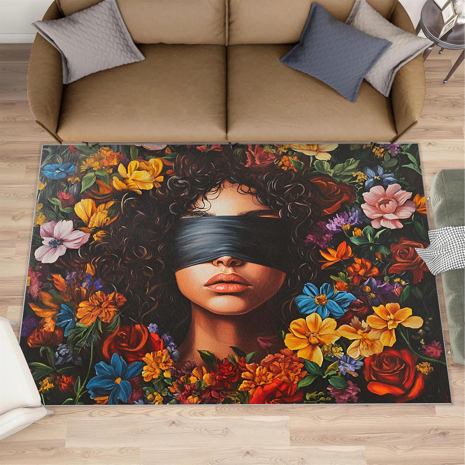 Black Girl Rug 6x8, Flowers Rugs for Bedroom, Fashion Girl Area Rug, Home Decor Rugs for Living Room, Non-Slip Machine Washable Carpet