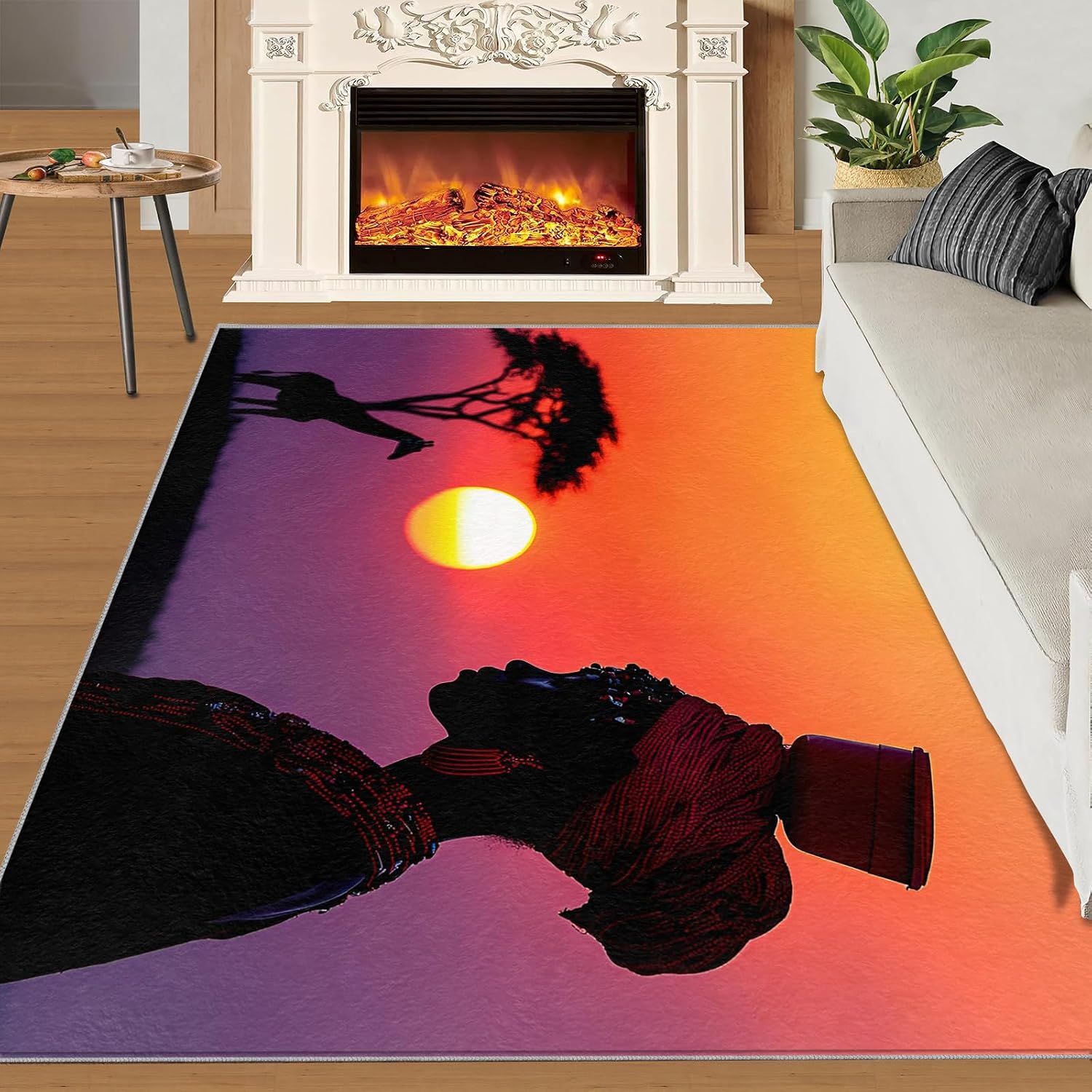 African Women Living Room Rug, Sunset Grassland Rugs for Bedroom, Washable Area Rug for Study Office Kitchen Dining Room Decor Floor Mat 6x8