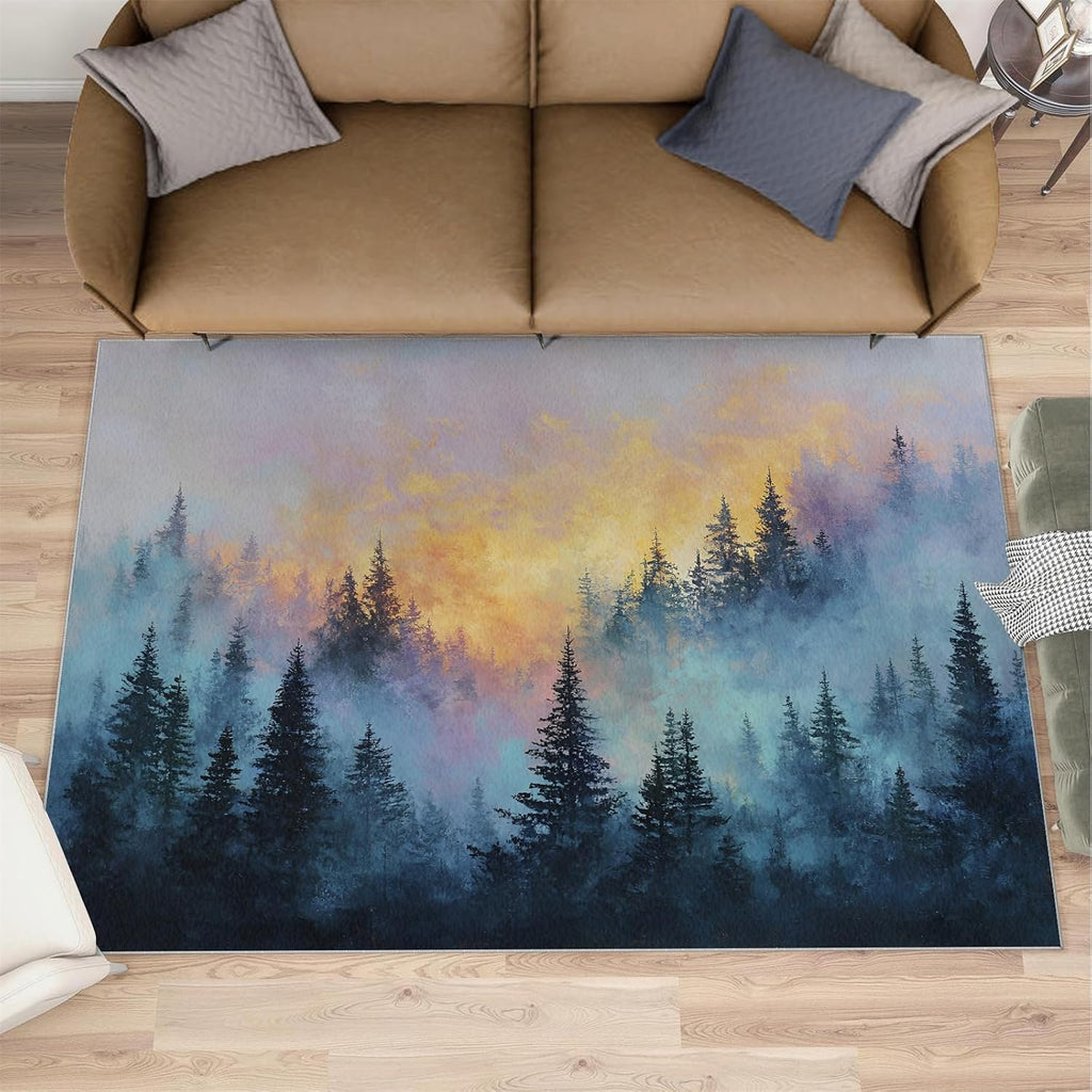 Forest Rugs for Bedroom, Misty Forest Rug 6x8, Natural Scenery Dining Room Rugs Washable & Non Slip Large Carpet for Home Decor
