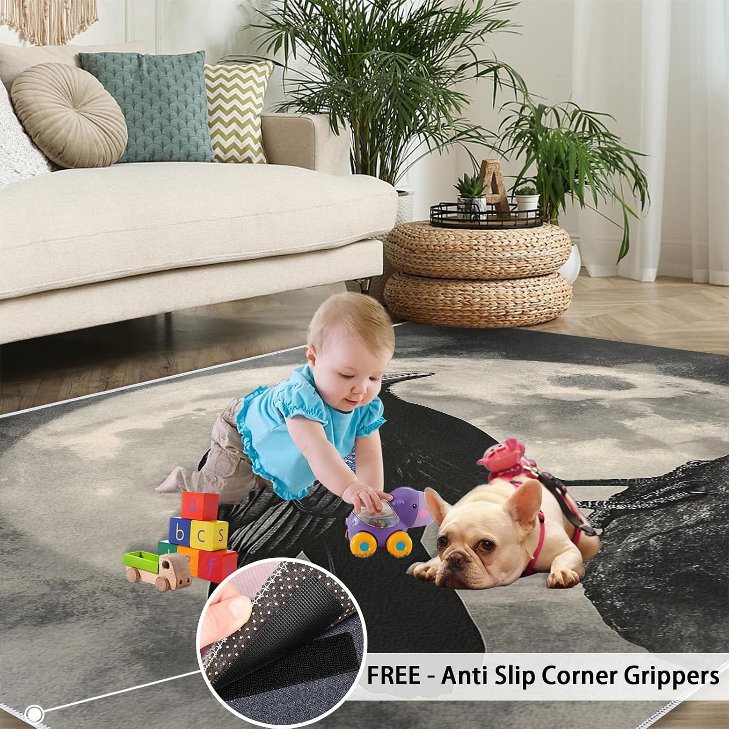 Black and White Rug - Large Rug 6x8 - Crow Rugs for Living Room - Soft & Non Slip & Washable Rugs for Bedroom, Full Moon Carpets for Dining Room Lounge Girls Room