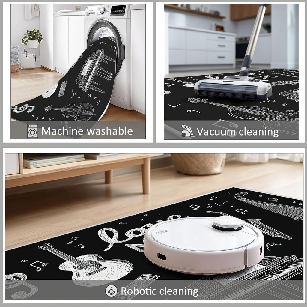 Bedroom Area Rugs 6 x 9 ft Hand-Drawn Instruments Guitar Piano Drums Carpet Machine Washable Rugs, Black Soft Flannel Non-Slip Carpet Mat, for Living Room Office Kitchen Floormat