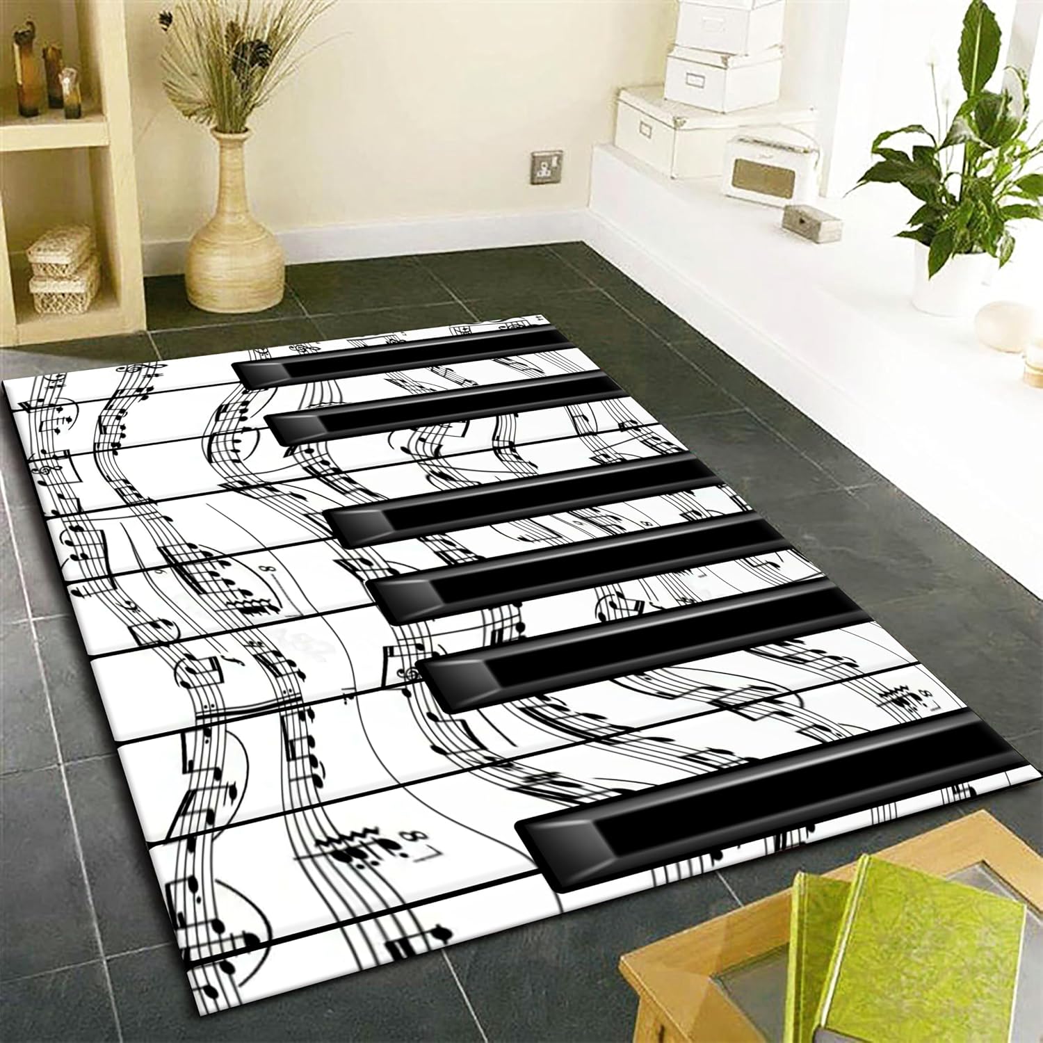 Black White Piano Key Area Rugs, 6x8ft, 3D Musical Note Melody Music Decor Mat for Studio, Foldable Machine Washable Playroom Carpet, Thin Pet Friendly Anti Slip Rug for Bedside