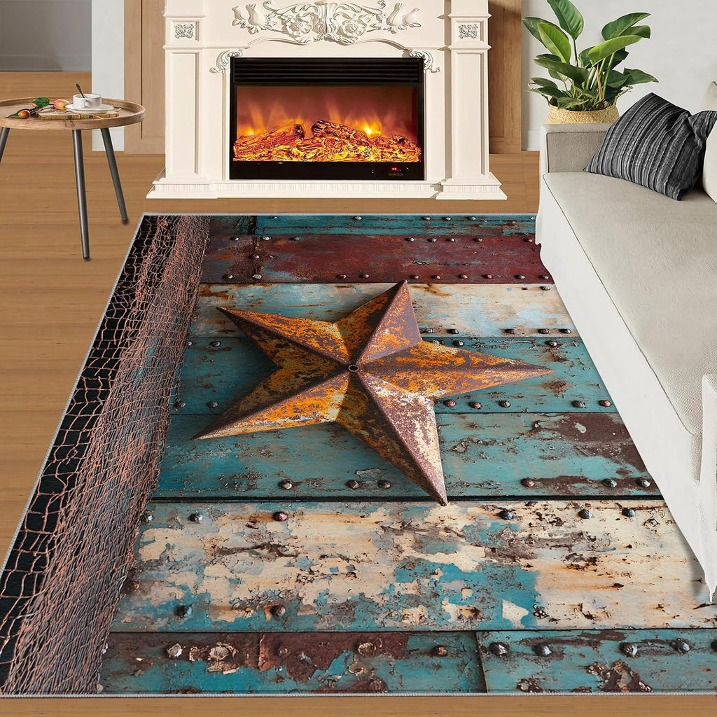 Western Texas Star Rug 6x8-6x8 Rug, Vintage Area Rugs for Living Room, Farmhouse Rugs for Bedroom, Rustic Non-Slip Mat, Texas Star Home Decor & Gifts