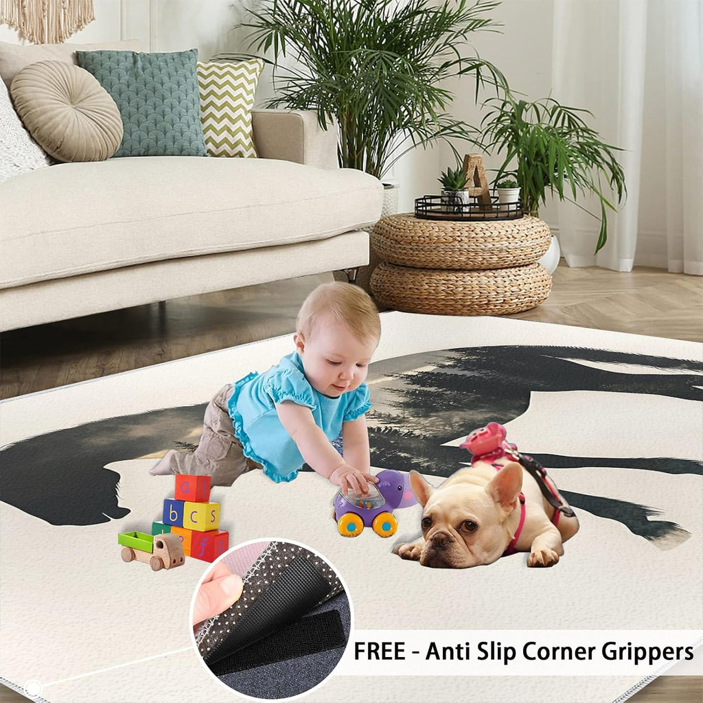 Horse Rugs for Bedroom, Black Horse Forest Rug 6x8, Animal Silhouette Dining Room Rugs Washable & Non Slip Large Carpet for Home Decor