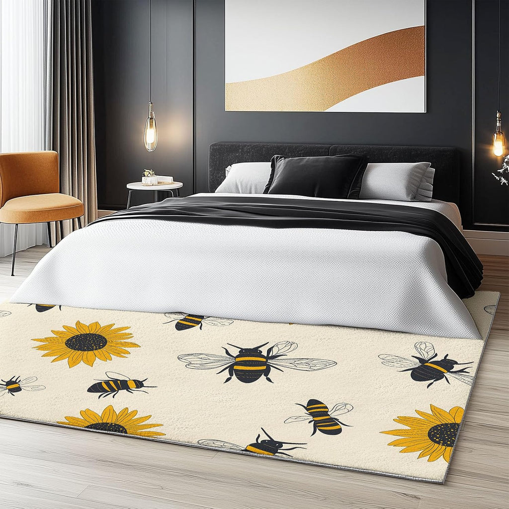 Minimal Sunflower and Bee, Machine Washable Area Rugs Perfect for high Traffic Areas of Your Living Room,Bedroom,Home Office,Kitchen Area Rug 6 x 8 ft Multicolor Carpet