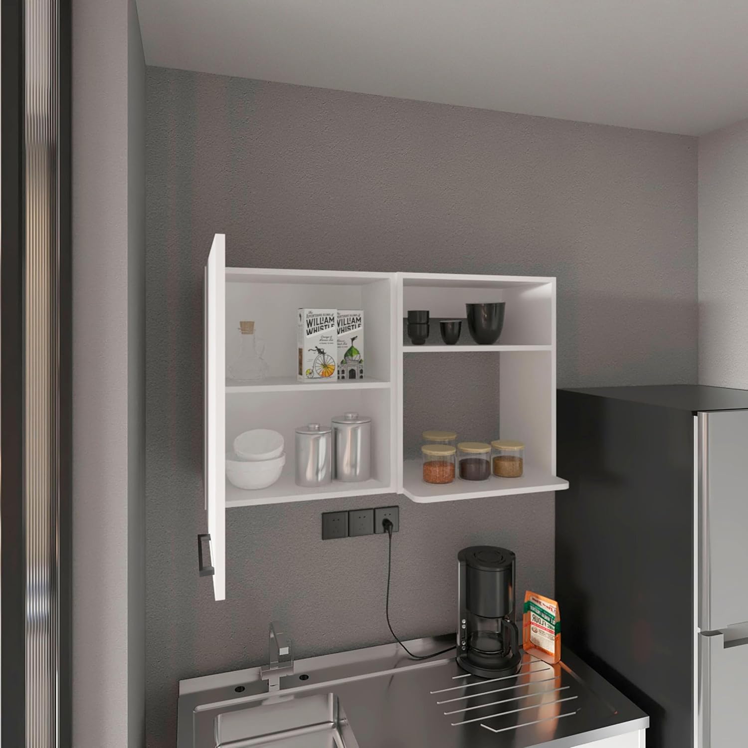 40' Single Door Freestanding Storage Cabinet, Kitchen Storage Bakers Rack with Side Shelves, Utility Food Cupboard with Metal Handles for Kitchen Storage, White