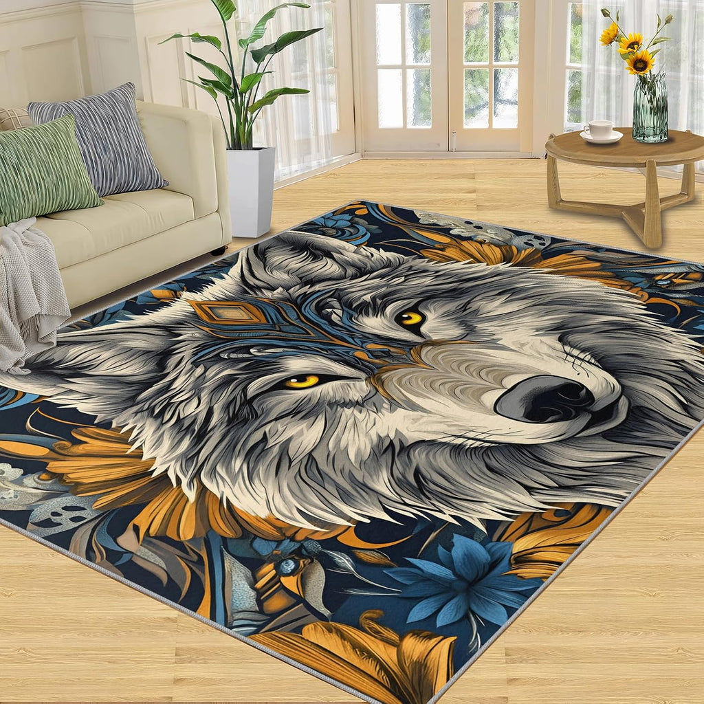 Wolf Rug 6x8-6x8 Rug, Wildlife Area Rugs for Bedroom, Viking Rugs for Living Room, Wild Animal Washable Mat, Teen Boys Carpet, Wild Wolf Home Decor & Gifts