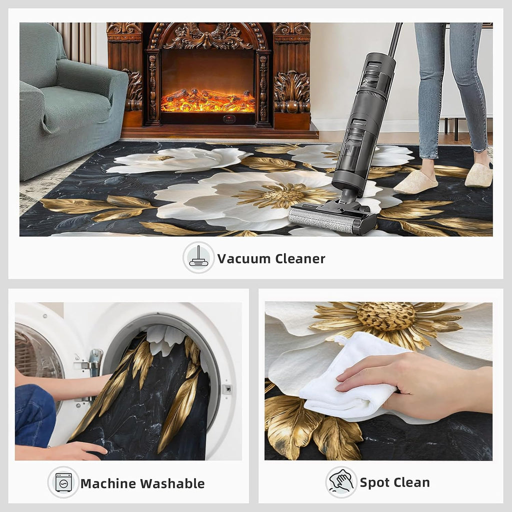 Relief Flower Area Rug Large - 6x8 Rug, Black Gold Flower Rugs for Living Room, Floral Carpet, Modern Washable Area Rugs for Bedroom, Aesthetic Carpet, Floral Home Decor