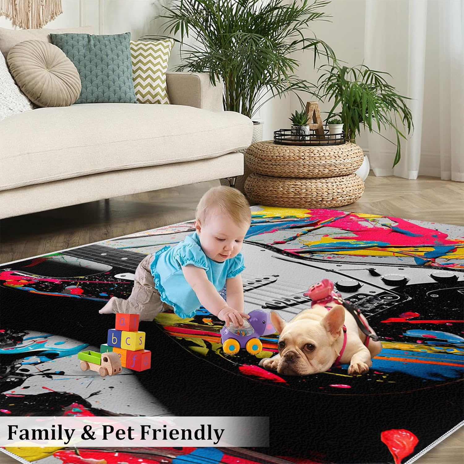 Cool Guitar Area Rug - Guitar Kids Rugs - Music Lover Rug for Bedroom, Indoor Machine Washable Carpet for Music Classroom Studio Band 5.3x6.6ft