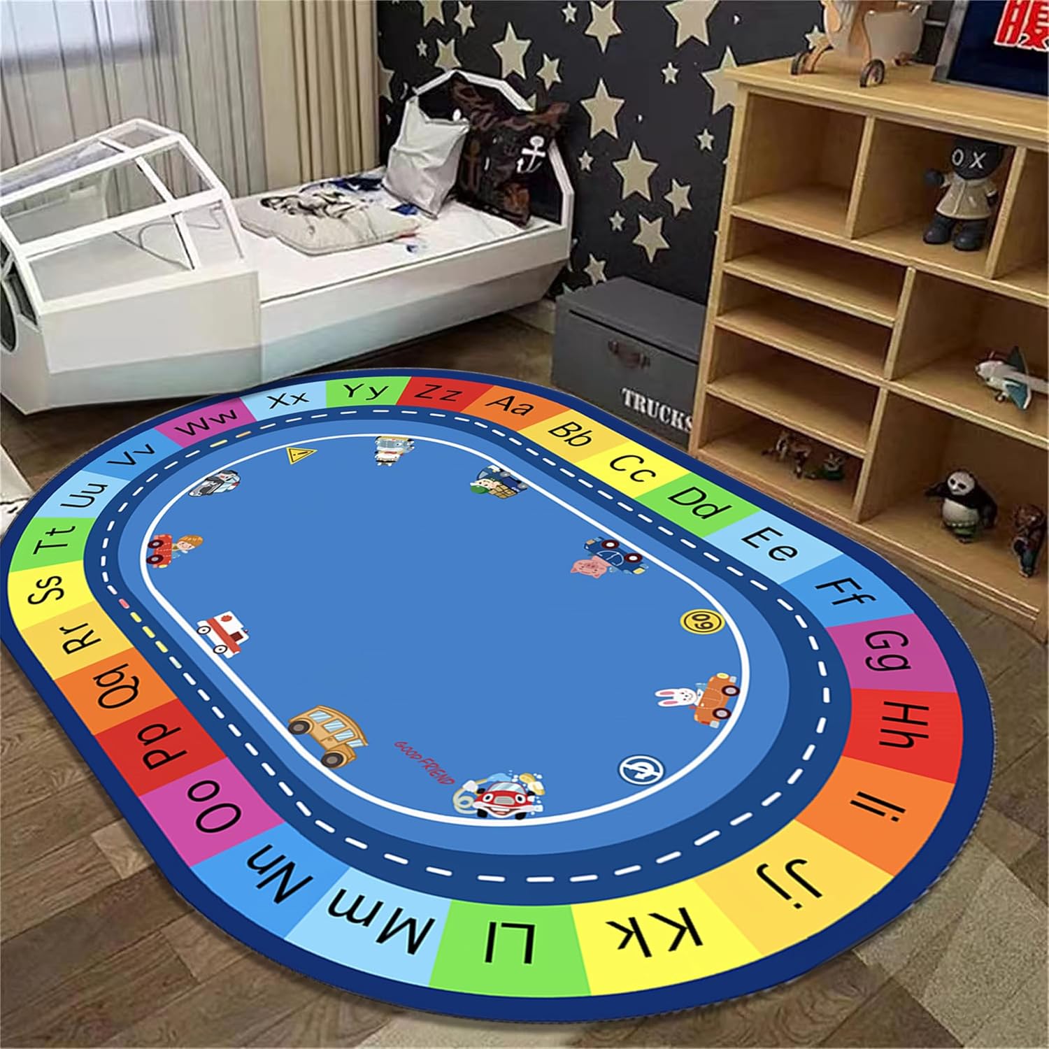 Large Oval Kids Play Rug,6x8ft,ABC Alphabet Numbers Car Puzzle Fun Classroom Rug, Washable Bedroom Play Rug with Non-Slip Backing for Kids Room, Nursery and Baby Playroom