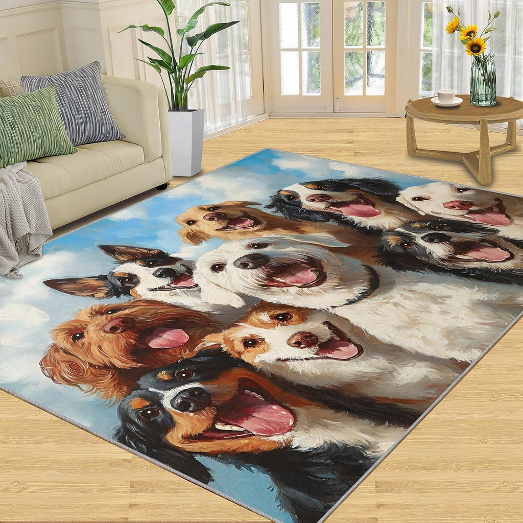 Dog Rug 5x7, Cute Dog Rugs for Bedroom, Pet Lovers Area Rug, Non Slip Washable Rugs for Living Room Farmhouse, Indoor Low Pile Decor Carpet